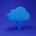 Blue Cloud upload icon isolated on blue background. Minimalism concept. 3D render illustration Royalty Free Stock Photo