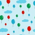 Blue clouds and balloons of different sizes in the blue sky. Seamless pattern with colorful balloons on a light background. Royalty Free Stock Photo