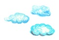 Blue clouds by oil pastels isolated on white background. Nursery style cloud clipart.