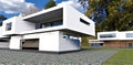 Blue cloudy sky above high tech houses village. View on the openning garage. 3d render.