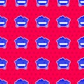 Blue Coal mine trolley icon isolated seamless pattern on red background. Factory coal mine trolley. Vector Royalty Free Stock Photo