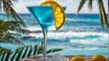 Blue cocktail in a beautiful glass, lemon, day decoration the sea party beverage