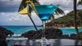 Blue cocktail in a beautiful glass, lemon, evening the sea festive decoration tropical