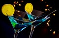 Blue cocktail drink on a disco bar table, club atmosphere Royalty Free Stock Photo