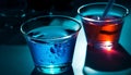Blue cocktail glass reflects dark nightclub background, pouring refreshing whiskey generated by AI Royalty Free Stock Photo