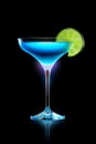 Blue cocktail glowing in the dark with a lime garnish Royalty Free Stock Photo