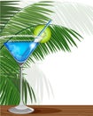 Blue cocktail with kiwi and palm branches