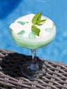 Blue cocktail in a beautiful glass with ice cream and green mint Royalty Free Stock Photo