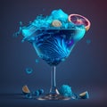 A blue cocktail with a splash of liquid and a grapefruit on the top Royalty Free Stock Photo