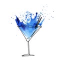 Blue cocktail splash watercolor illustration. Royalty Free Stock Photo