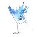 Blue cocktail splash watercolor illustration. Royalty Free Stock Photo