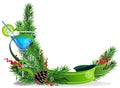 Blue cocktail, spruce branches and ribbon