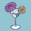 Blue cocktail with umbrella and lemon slice. Summer drink. Cartoon flat vector illustration. Isolated on blue background Royalty Free Stock Photo
