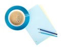 Blue coffee cup, blank paper and two pencils Royalty Free Stock Photo