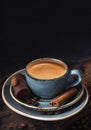 Blue coffee Cup, drink, aroma, coffee beans, wooden Board Cup, rustic, craft, dark, brown,black, espresso, place for text Royalty Free Stock Photo