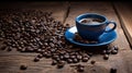 A blue coffee cup full of black coffee on a wood background with coffee beans Royalty Free Stock Photo