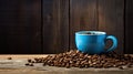 Blue coffee cup full of black coffee on a wood background with coffee beans Royalty Free Stock Photo