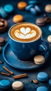 Blue Coffee Cup with Latte Art, Macarons, Coffee Beans, and Cinnamon Sticks on Blue Background Royalty Free Stock Photo
