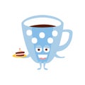 Blue Coffee Cup With Piece Of Cake Children Birthday Party Attribute Cartoon Happy Humanized Character In Girly Colors