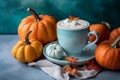 A blue coffee cup rests on a table, accompanied by a vibrant arrangement of bright orange pumpkins. Autumn background. Generative