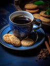 A blue coffee cup with a blue saucer sits on a blue plate with cookies Royalty Free Stock Photo