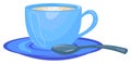 Blue coffee cup with saucer and spoon, hot beverage with steam. Cozy morning coffee break vector illustration Royalty Free Stock Photo