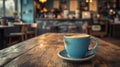 A Blue Coffee Cup Sits On A Rustic Wooden Table In A Cafe Royalty Free Stock Photo