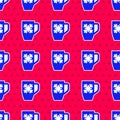 Blue Coffee cup with snowflake icon isolated seamless pattern on red background. Tea cup. Hot drink coffee. Merry