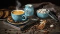 Blue coffee Cup on a wooden Board, coffee beans, sugar, flavor, chocolate cookies, vintage, retro, dark, craft Royalty Free Stock Photo