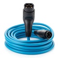 Blue coiled cable featuring a 5-pin circular plug and socket. The connectors are black Royalty Free Stock Photo