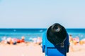 Blue Coin Operated Telescope With Beach And Ocean Royalty Free Stock Photo