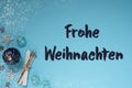 Blue Cold Background, German Frohe Weihnachten Means Merry Christmas, Snowflakes Royalty Free Stock Photo