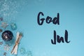 Blue Cold Background, Swedish Text God Jul Means Merry Christmas, Snowflakes Royalty Free Stock Photo