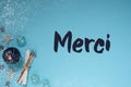 Blue Cold Christmas Background, French Text Merci Means Thank You, Snowflakes Royalty Free Stock Photo