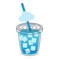 A blue cold drink with lots of ice cubes in a clear cup with cloud. Fresh drink design with cute doodle decoration Royalty Free Stock Photo