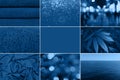 Blue collage on different themes, with different photos of different subjects, side and blurry background, texture of Royalty Free Stock Photo