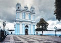 The blue colonial Santa Lucia church. San Cristobal de las Casas, Chiapas, Mexico.
