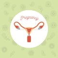 Blue color background pattern pregnancy icons with fecundation in female reproductive organ