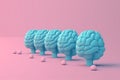 Blue color brains in a line floating on pink background, created with Generative AI technology