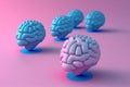 Blue color brains in a line floating on pink background, created with Generative AI technology