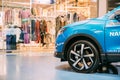 Blue color compact crossover SUV Car Nissan Qashqai In Hall Of Shopping Center. SUV produced by the Japanese car Royalty Free Stock Photo