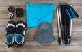 Blue color coordinated outdoor walking accessories on rustic woo