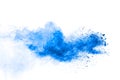 Blue color dust particles explosion cloud on white background.Color powder splash