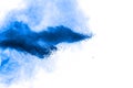 Blue color dust particles explosion cloud on white background.Color powder splash Royalty Free Stock Photo