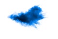 Blue color dust particles explosion cloud on white background.Color powder splash Royalty Free Stock Photo