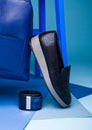 Blue color fashion style still life setup on blue Royalty Free Stock Photo