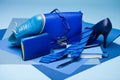 Blue color fashion style still life setup on blue Royalty Free Stock Photo