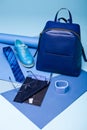 Blue color fashion style still life setup on blue Royalty Free Stock Photo