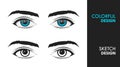 Blue Color Flat Black Eye Set With Eyebrow Beauty Cosmetic Illustration Royalty Free Stock Photo