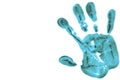 Blue color handprint on a white background, depicting the idea of to stop violence against women